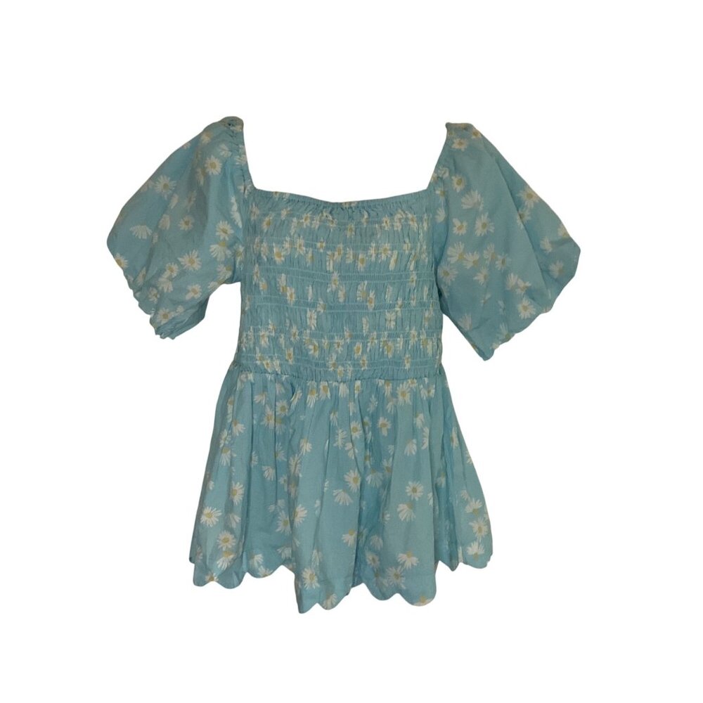 Simply Southern Blue Daisy Print Smocked Off-Shoulder Top L Cotton Scalloped Hem